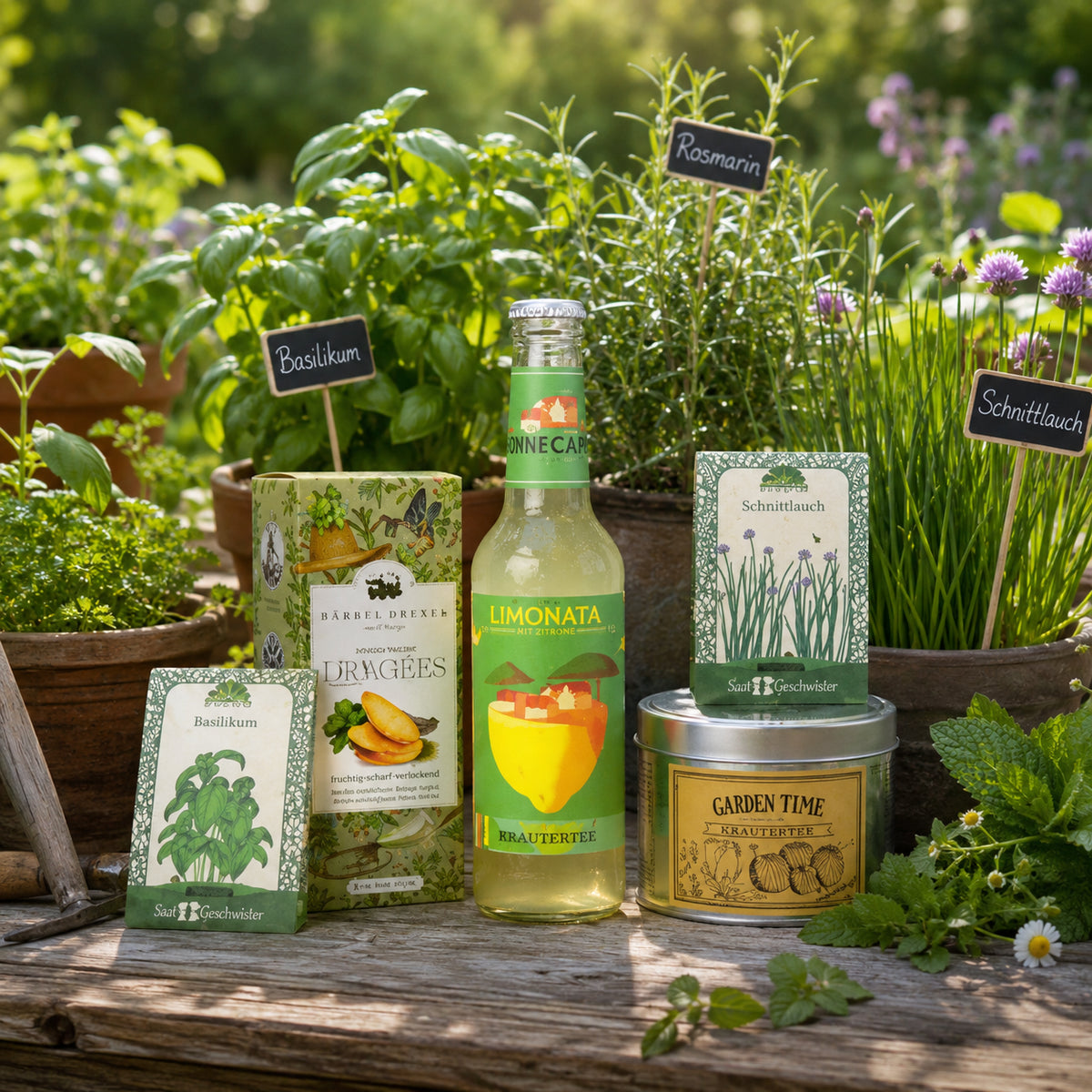 Päckchen mit verschiedenen Kräutersamen aus dem „Pacster Kleiner Kräutergarten | Geschenkset“, eine Flasche Limonata, eine Schachtel Kräutertee und eine dekorative Blechdose sind auf einer Holzunterlage inmitten von üppigem Basilikum, Rosmarin und Schnittlauch in einem sonnendurchfluteten Garten arrangiert – ein ideales Geschenk, präsentiert in einer eleganten Geschenk-Magnetbox. | Pacster