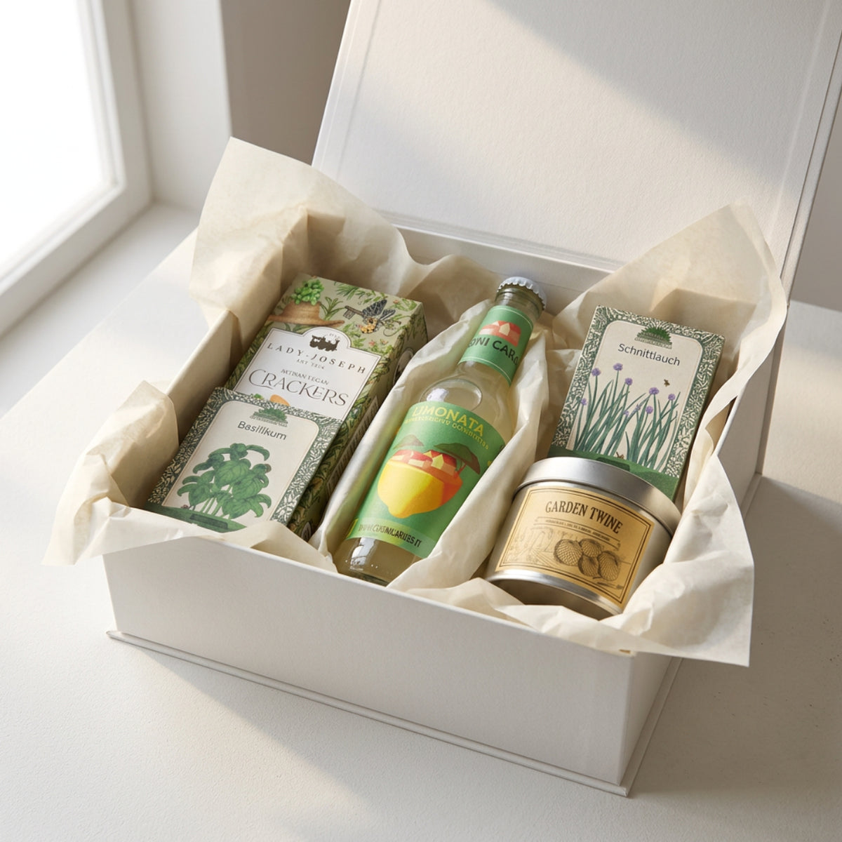 Ein „Pacster Kleiner Kräutergarten“ | Geschenkset für die Fensterbank enthält Basilikum-Cracker, eine Glasflasche Limonade, eine Dose Gartenthymian und eine Schachtel Bio-Schnittlauch-Saatgut – alles liebevoll in cremefarbenem Seidenpapier verpackt. Dieses reizvolle Kräuterset macht jeden Anlass schmackhaft und unvergesslich. Entdecke hochwertige Geschenkideen bei Pacster.